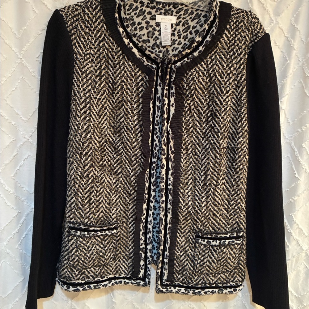 Chico's Black and Cream Tweed Open Front Jacket with Contrast Sleeves Chico’s 2